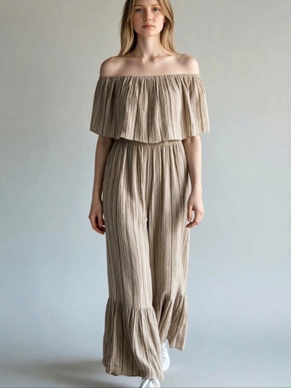 Off-Shoulder Wide-Leg Jumpsuit in Brown Like New